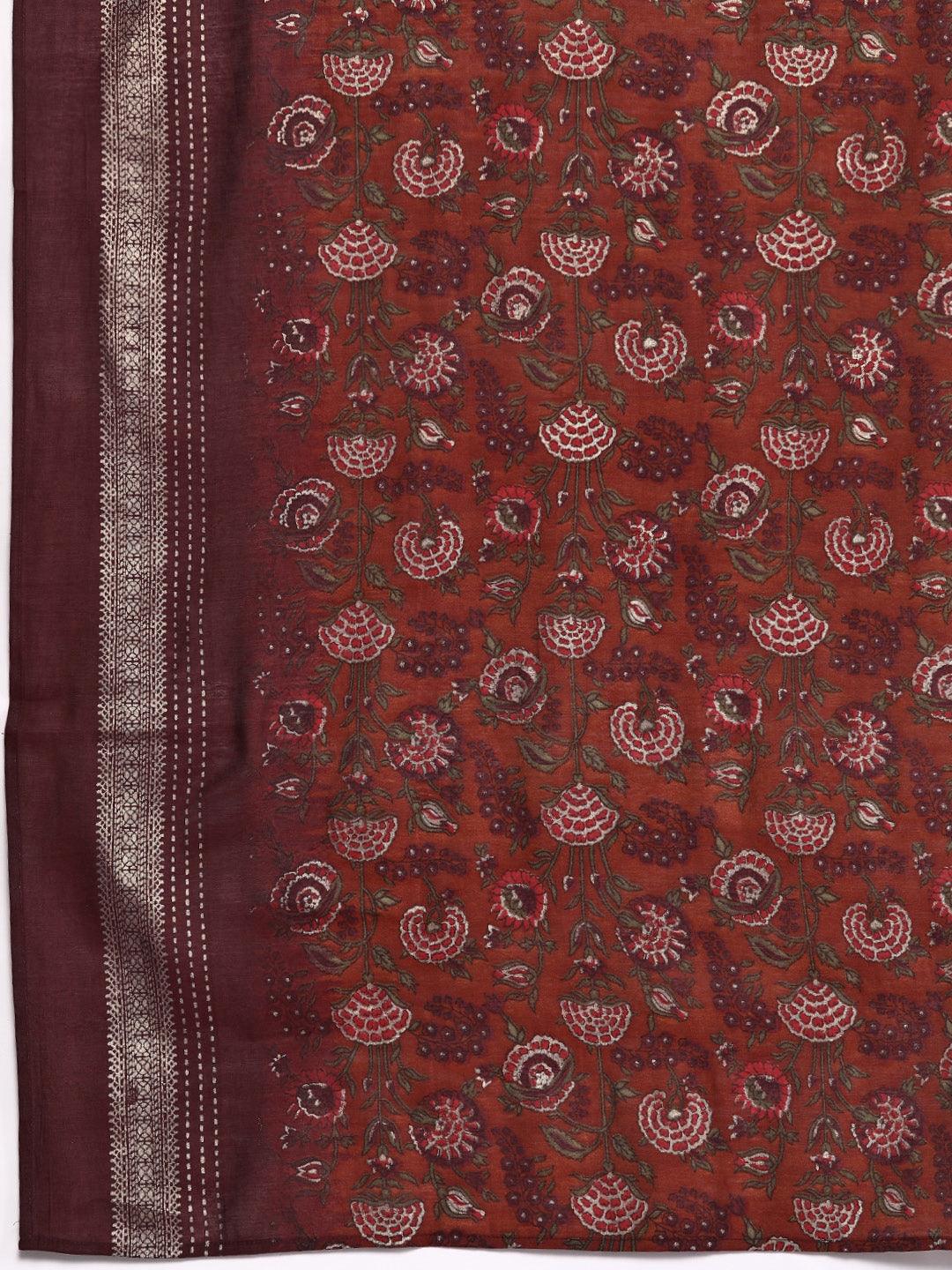 Maroon Printed Silk Blend Straight Kurta With Trousers & Dupatta - ShopLibas
