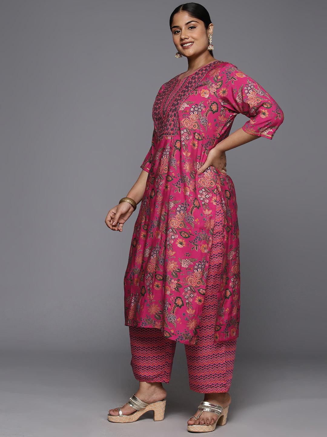 Plus Size Pink Printed Silk Blend Straight Kurta With Trousers & Dupatta - ShopLibas
