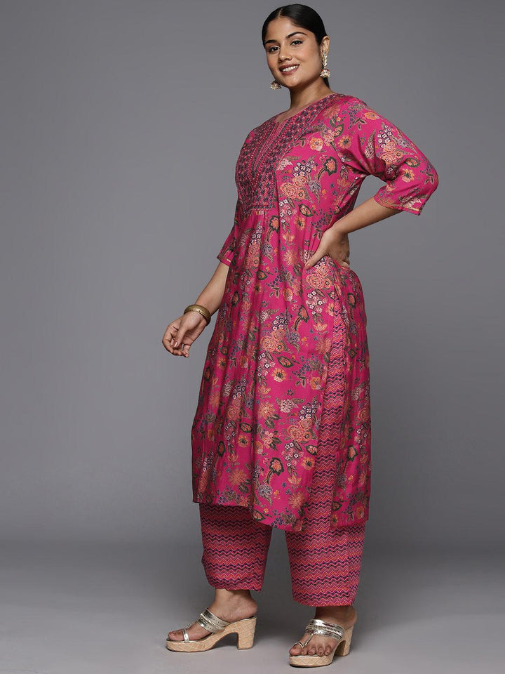 Plus Size Pink Printed Silk Blend Straight Suit With Dupatta