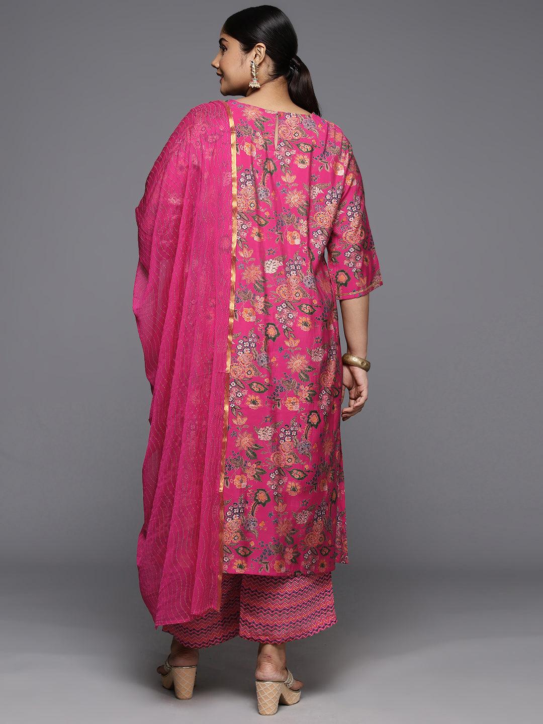 Plus Size Pink Printed Silk Blend Straight Kurta With Trousers & Dupatta - ShopLibas