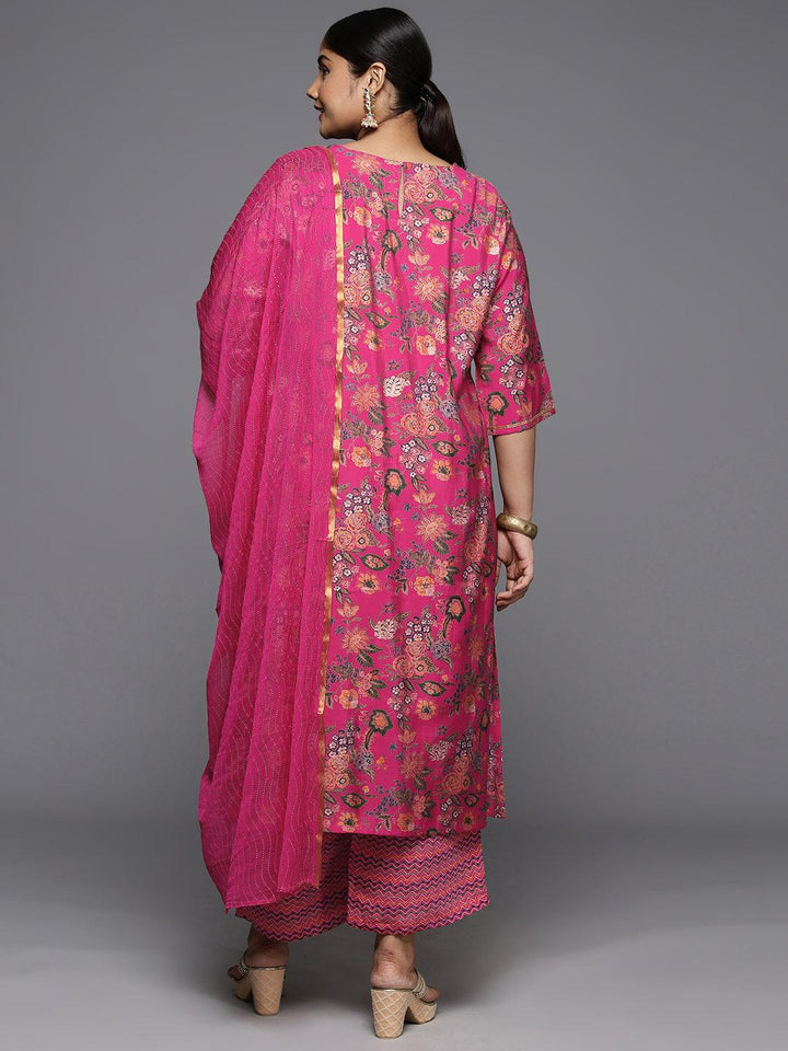 Plus Size Pink Printed Silk Blend Straight Suit With Dupatta