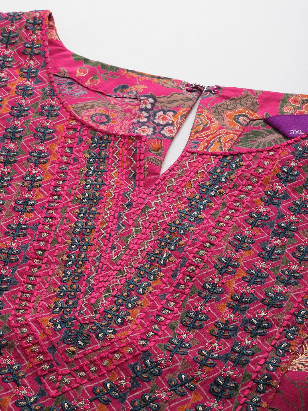 Plus Size Pink Printed Silk Blend Straight Kurta With Trousers & Dupatta - ShopLibas