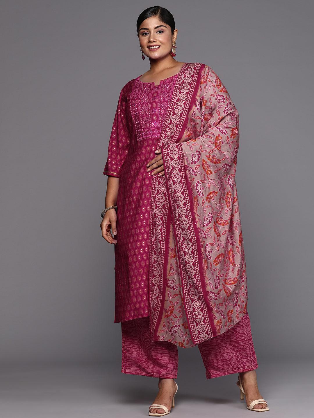 Pink Printed Silk Blend Straight Kurta With Trousers & Dupatta - ShopLibas