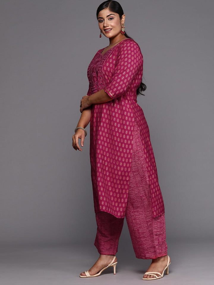 Plus Size Pink Printed Silk Blend Straight Suit With Dupatta