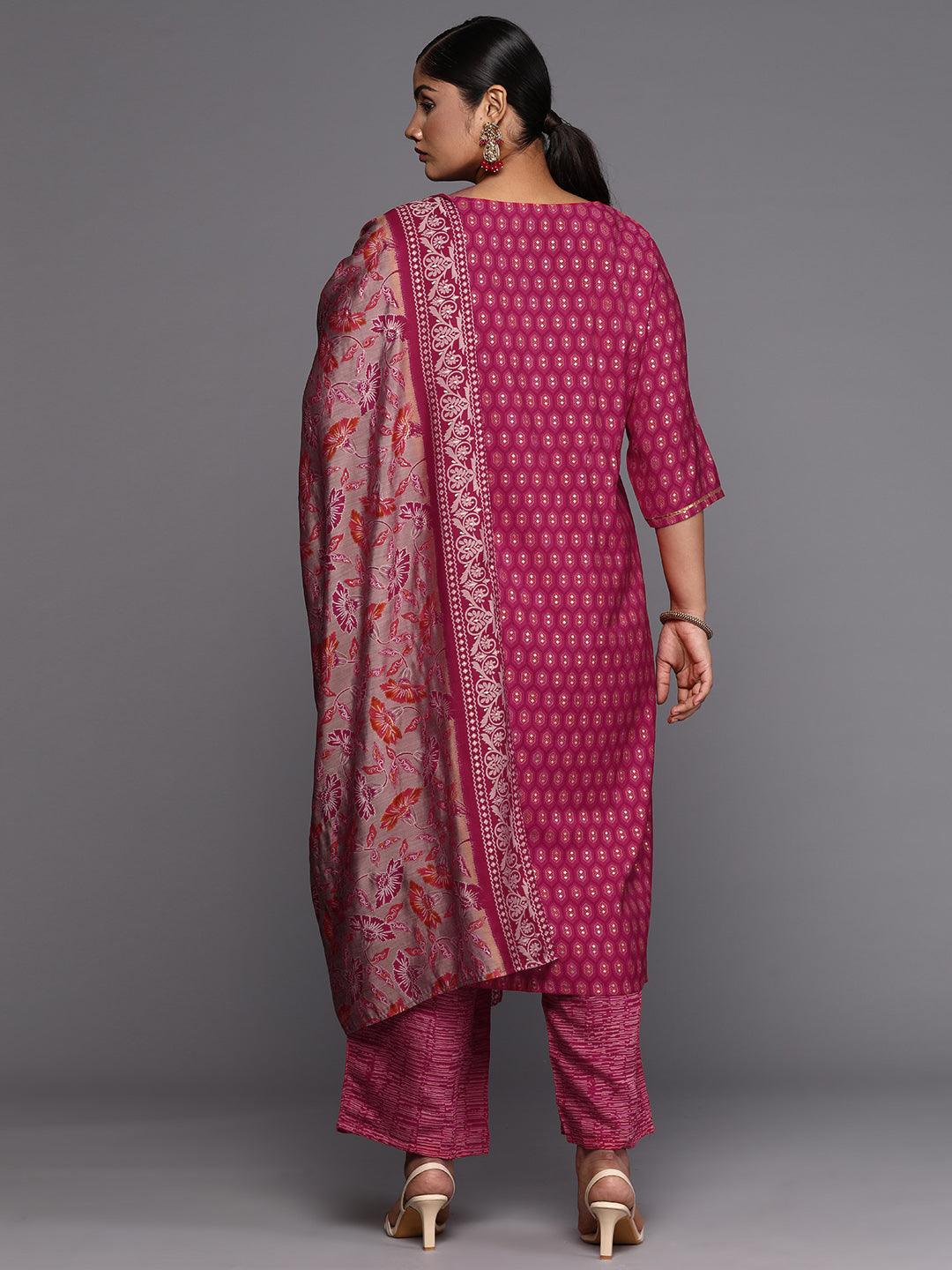 Pink Printed Silk Blend Straight Kurta With Trousers & Dupatta - ShopLibas
