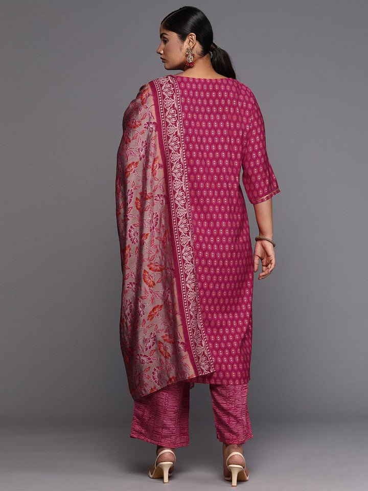 Plus Size Pink Printed Silk Blend Straight Suit With Dupatta