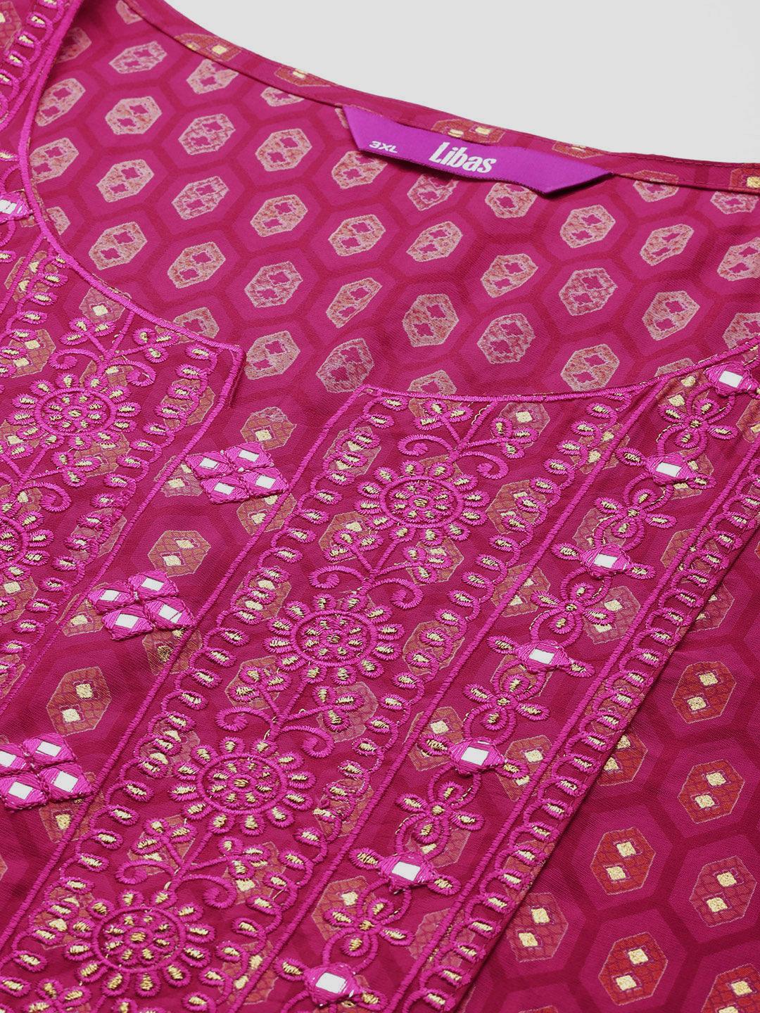 Pink Printed Silk Blend Straight Kurta With Trousers & Dupatta - ShopLibas