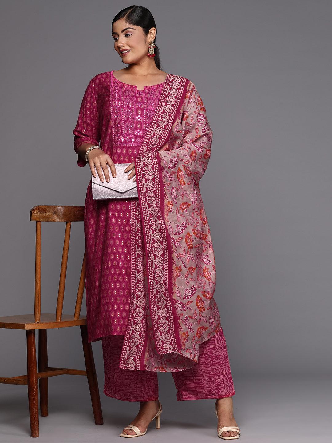 Pink Printed Silk Blend Straight Kurta With Trousers & Dupatta - ShopLibas