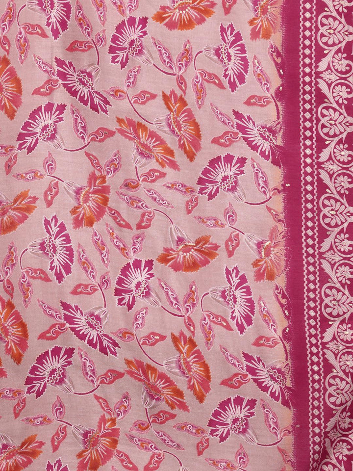 Plus Size Pink Printed Silk Blend Straight Suit With Dupatta