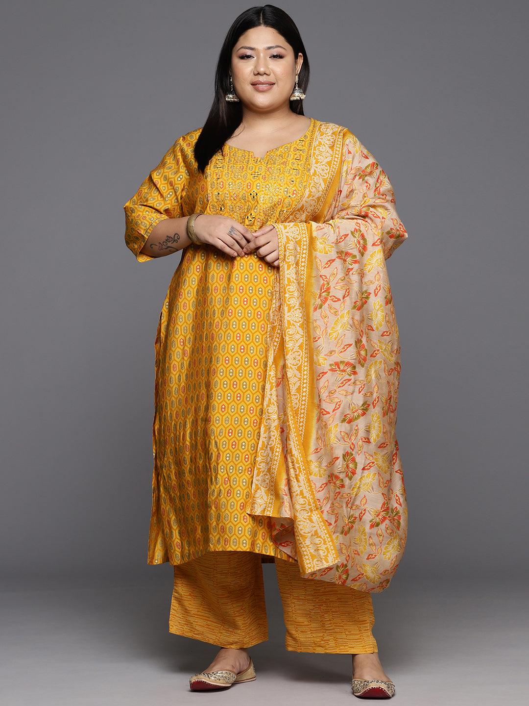 Yellow Printed Silk Blend Straight Kurta With Trousers & Dupatta - ShopLibas