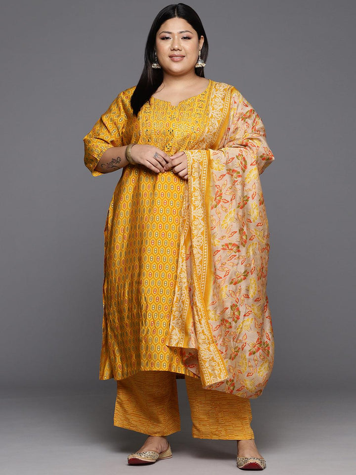 Plus Size Yellow Printed Silk Blend Straight Suit With Dupatta