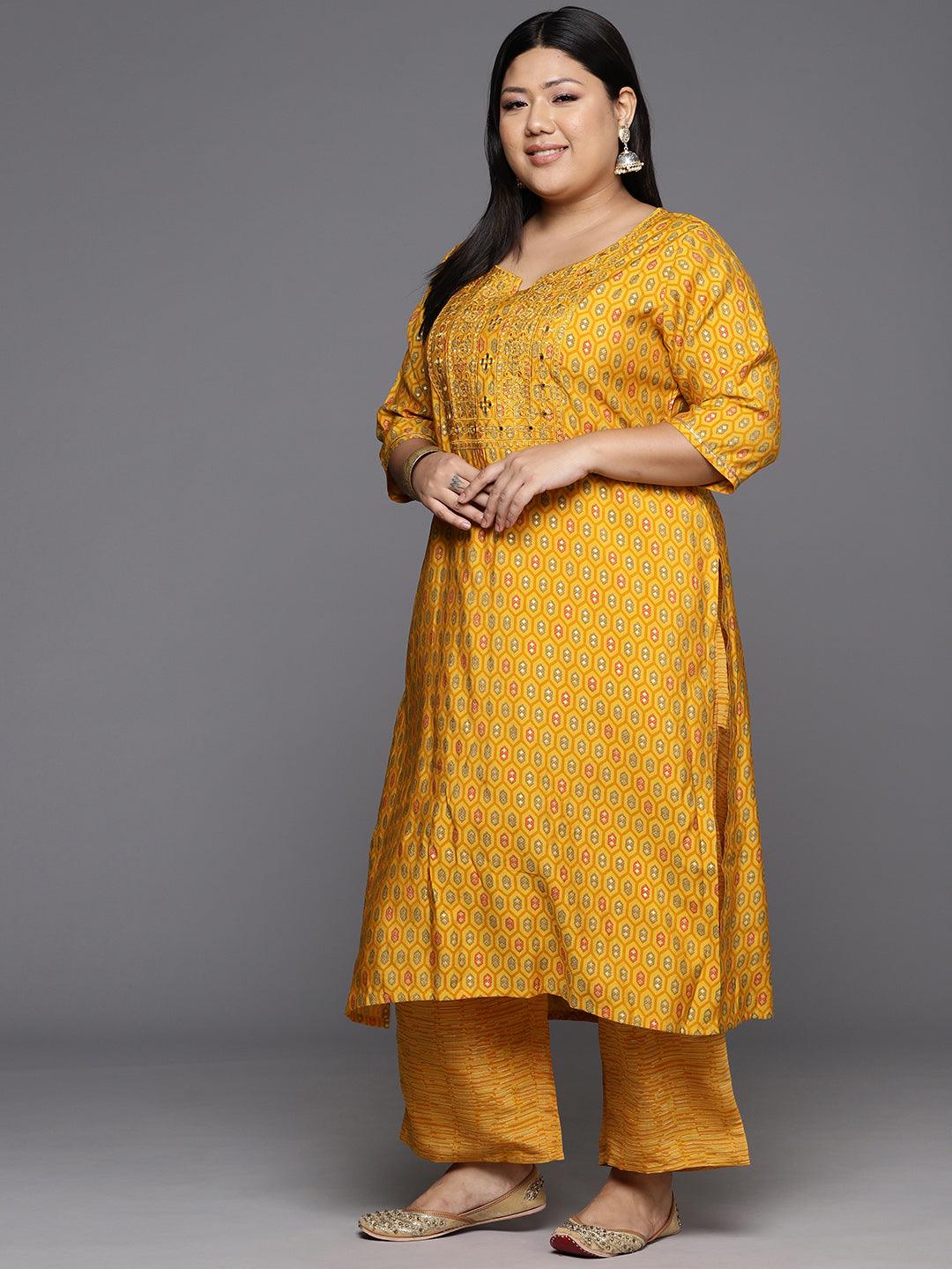 Yellow Printed Silk Blend Straight Kurta With Trousers & Dupatta - ShopLibas