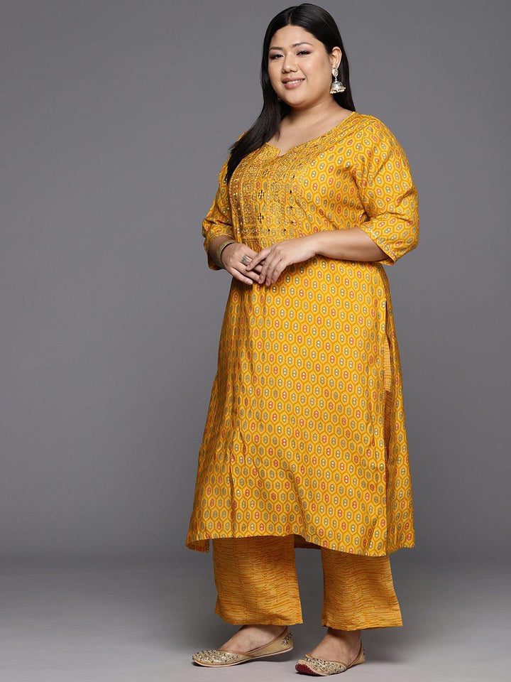 Plus Size Yellow Printed Silk Blend Straight Suit With Dupatta
