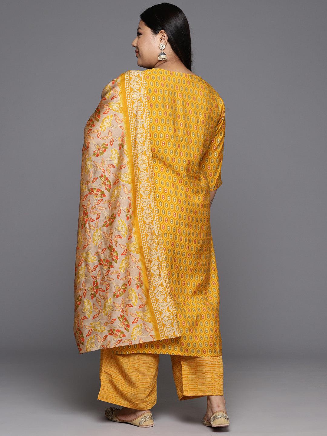 Yellow Printed Silk Blend Straight Kurta With Trousers & Dupatta - ShopLibas