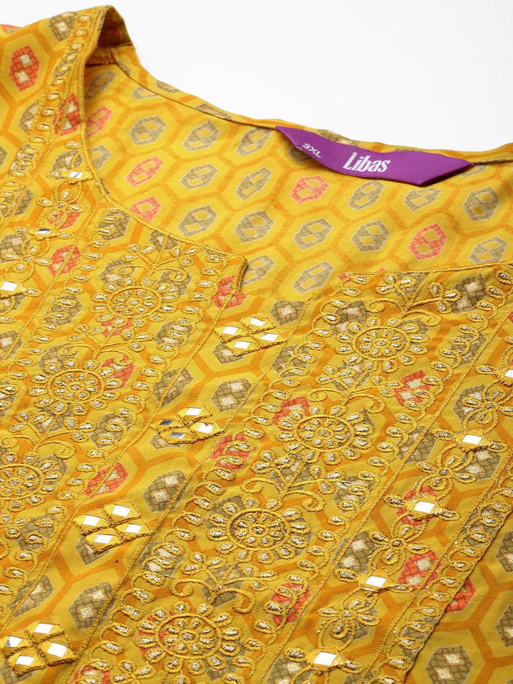Plus Size Yellow Printed Silk Blend Straight Suit With Dupatta