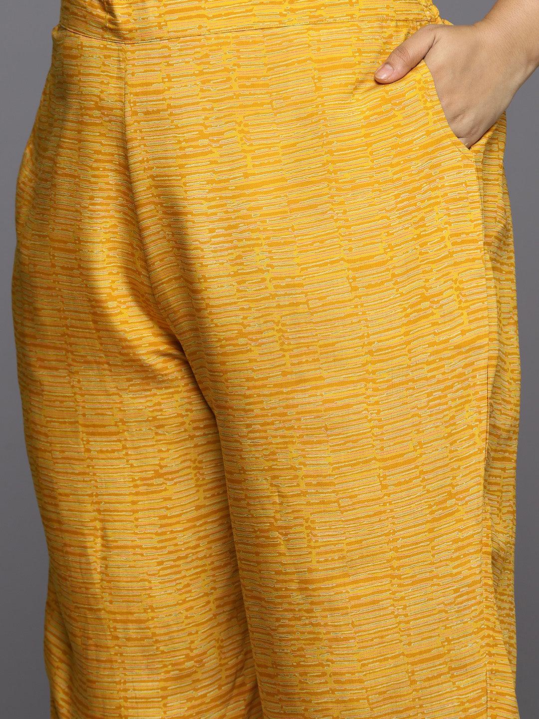 Yellow Printed Silk Blend Straight Kurta With Trousers & Dupatta - ShopLibas