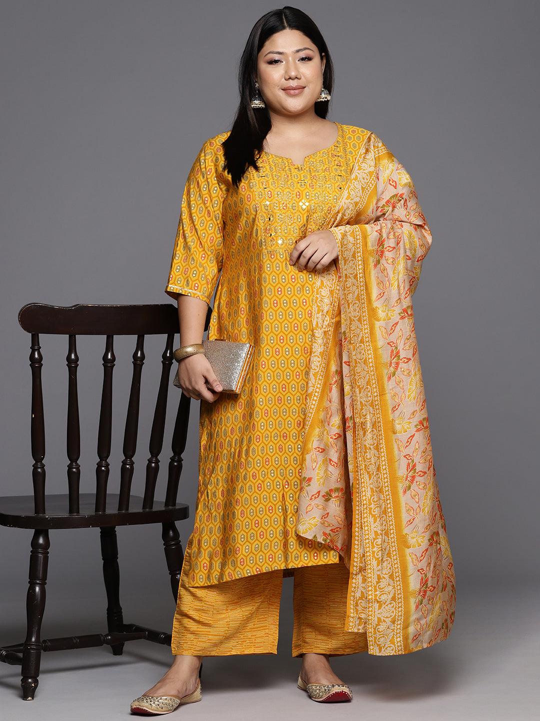 Yellow Printed Silk Blend Straight Kurta With Trousers & Dupatta - ShopLibas