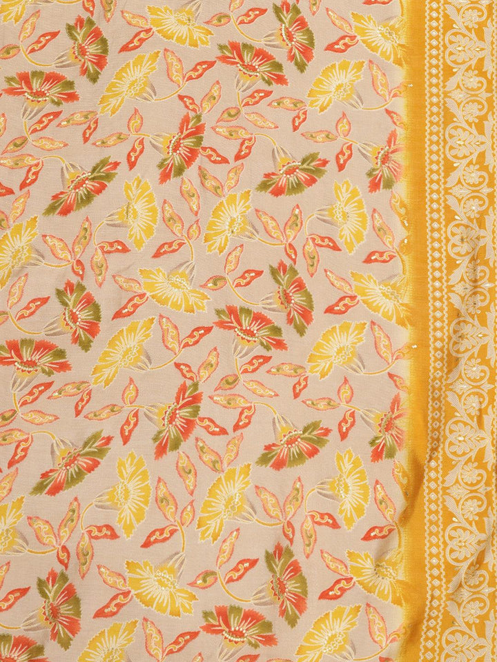 Plus Size Yellow Printed Silk Blend Straight Suit With Dupatta