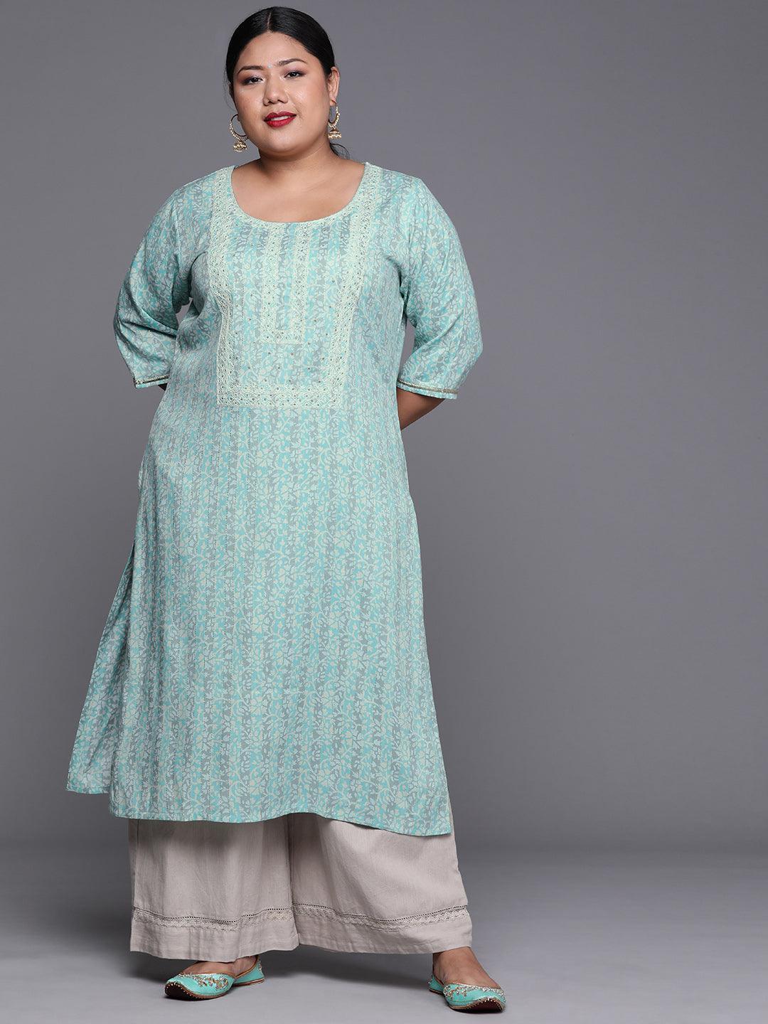 Plus Size Blue Yoke Design Rayon Kurta - ShopLibas