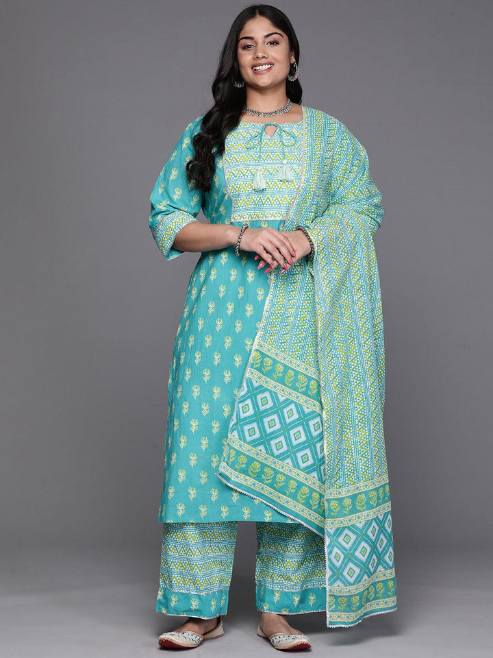 Black Yoke Design Cotton Straight Kurta With Trousers & Dupatta