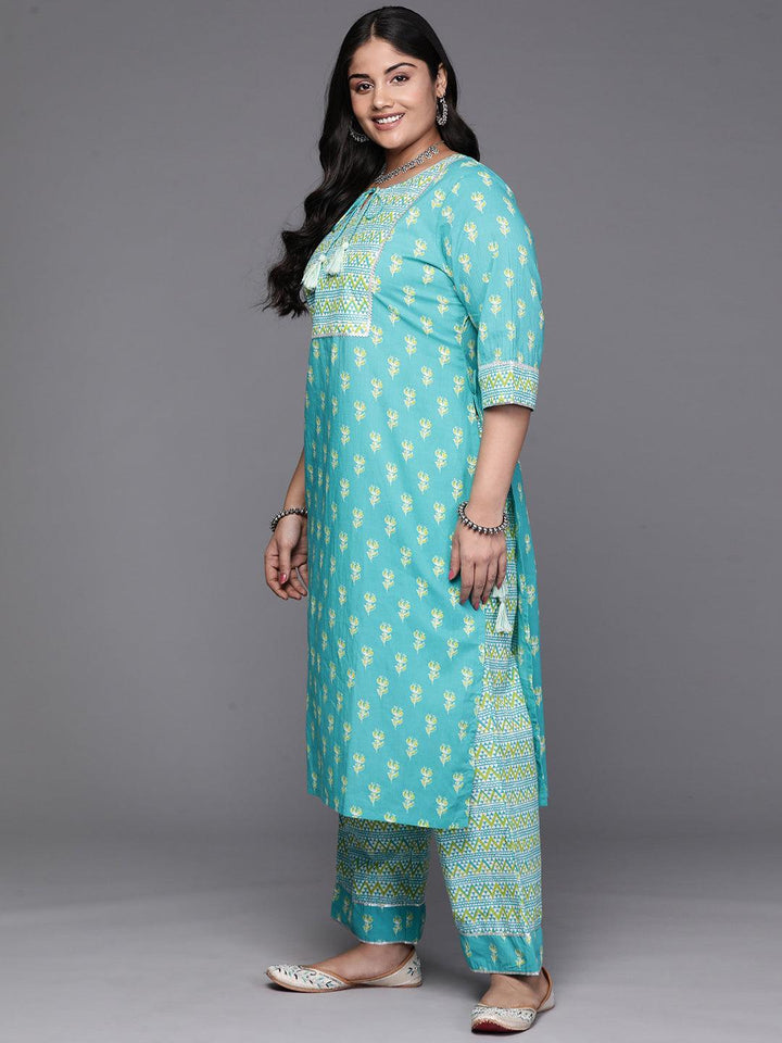 Black Yoke Design Cotton Straight Kurta With Trousers & Dupatta