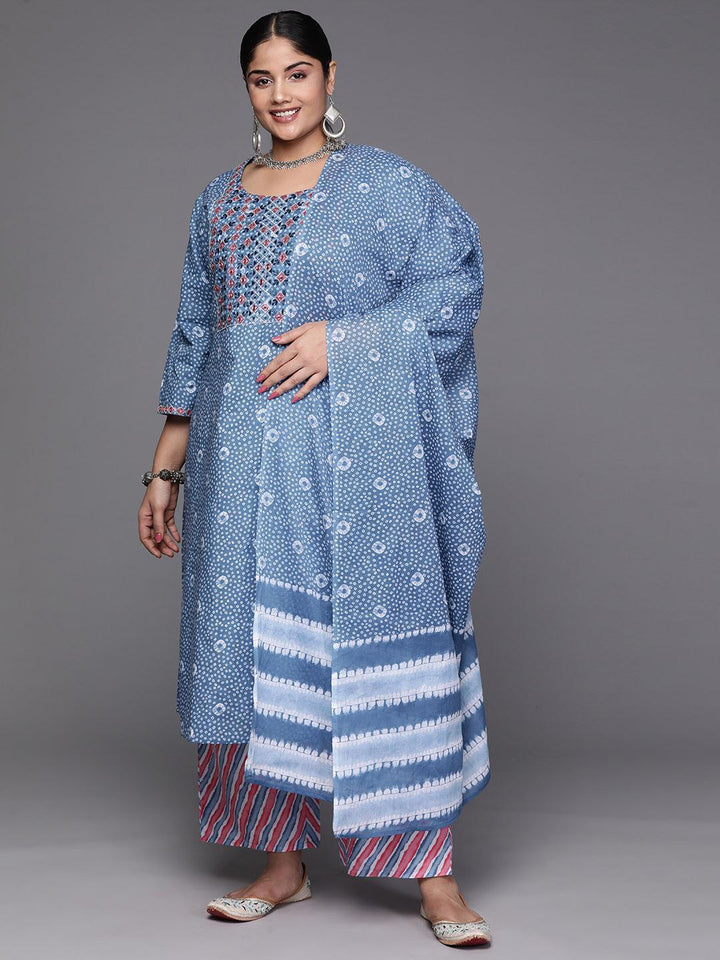 Black Yoke Design Cotton Straight Kurta With Trousers & Dupatta