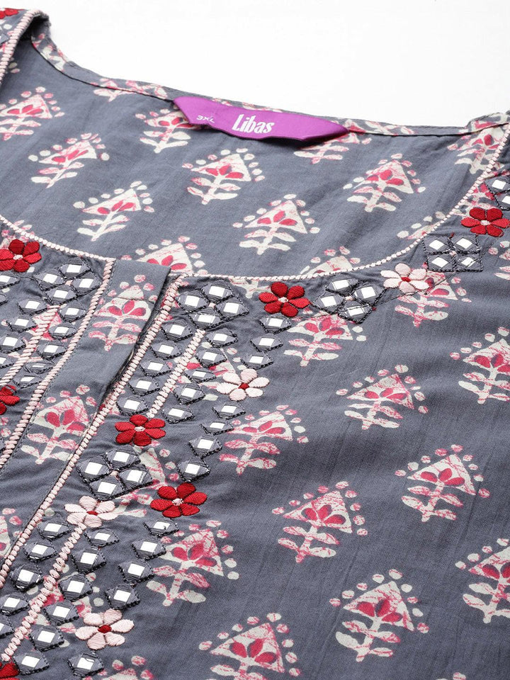 Black Yoke Design Cotton Straight Kurta With Trousers & Dupatta