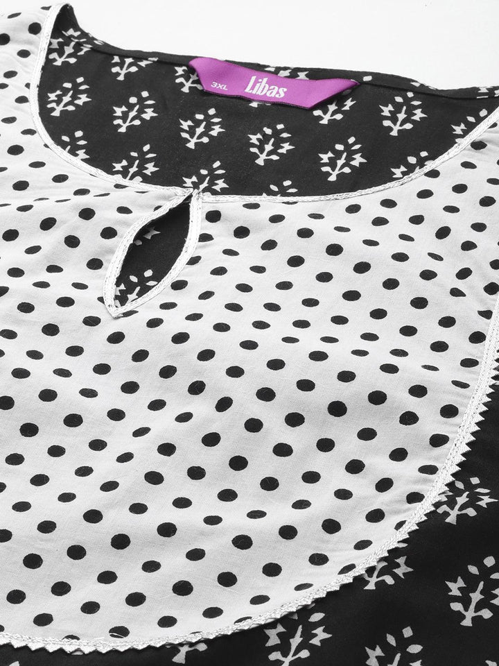 Black Yoke Design Cotton Straight Kurta With Trousers & Dupatta