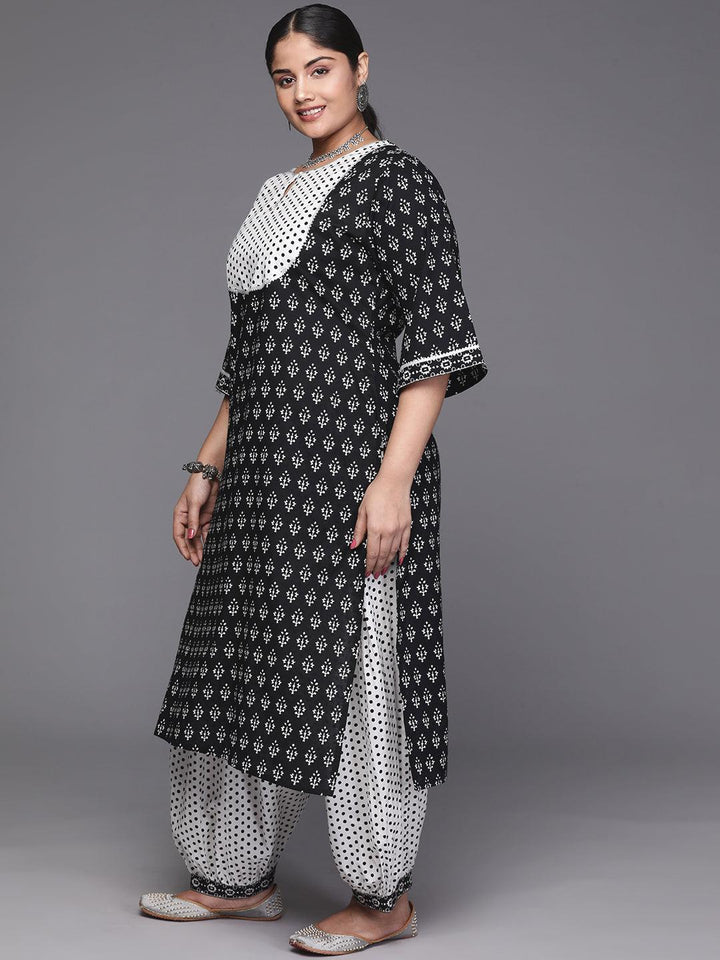 Black Yoke Design Cotton Straight Kurta With Trousers & Dupatta