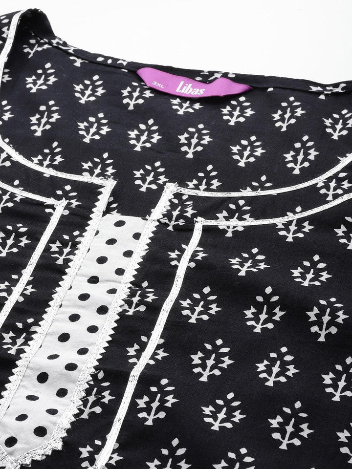 Black Yoke Design Cotton Straight Kurta With Trousers & Dupatta