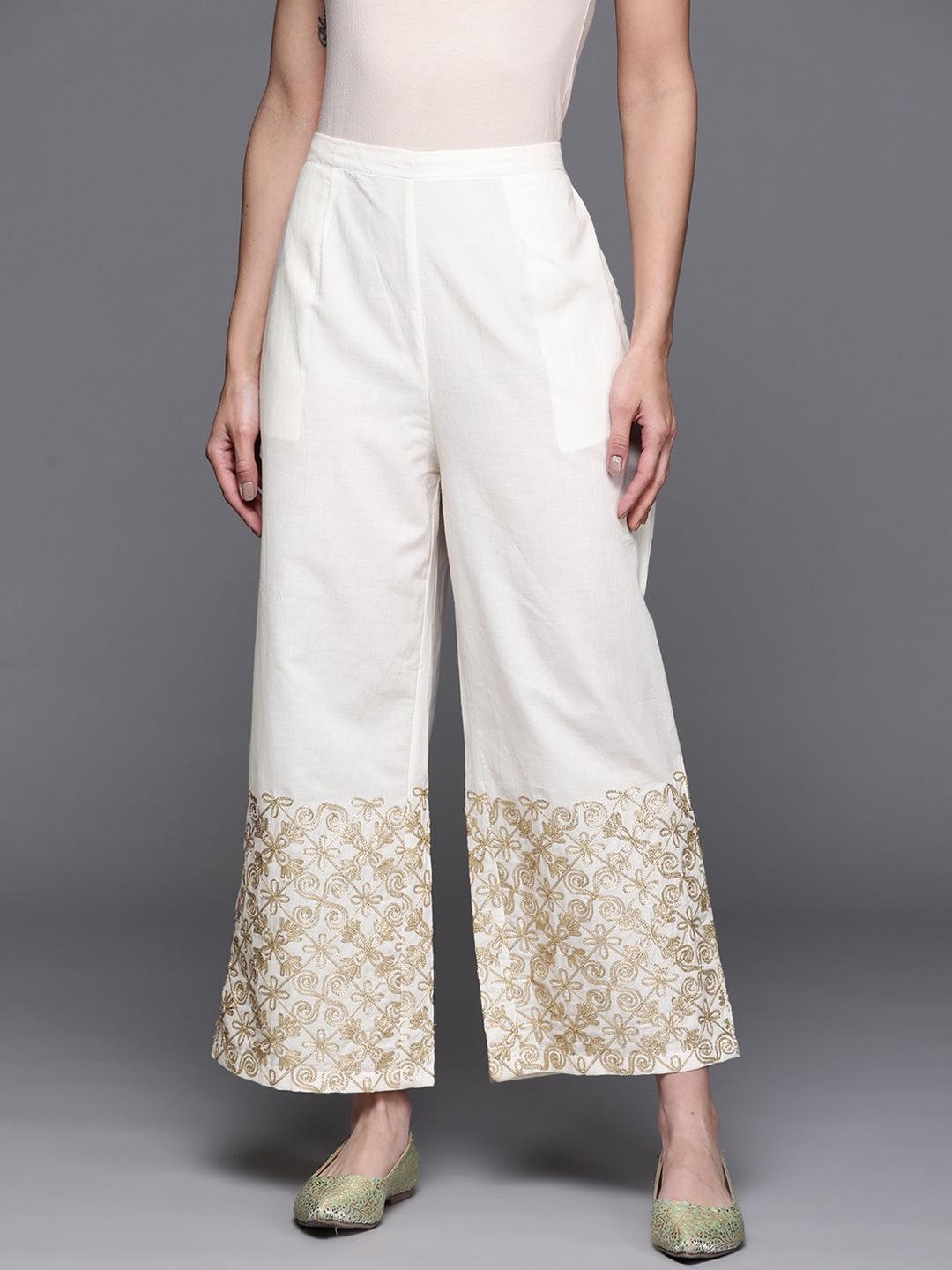 White Hem Design Cotton Palazzos - ShopLibas