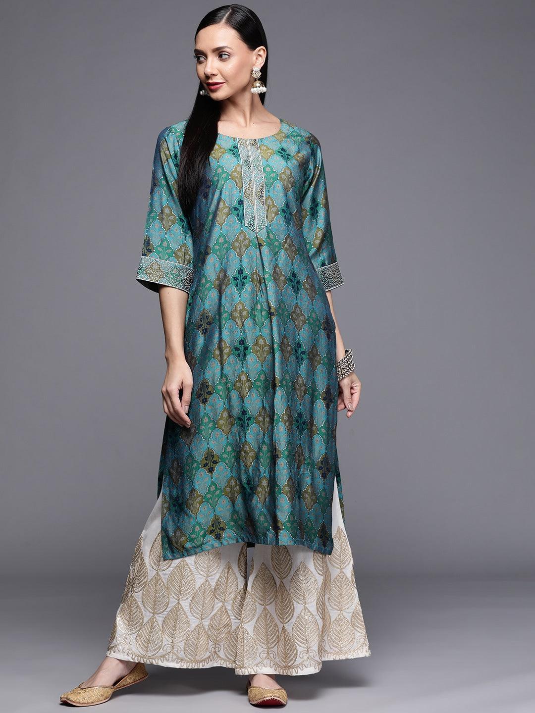 Blue Printed Chanderi Silk Kurta - ShopLibas