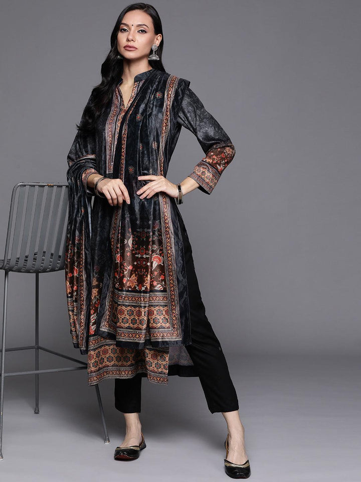 Multicoloured Printed Velvet Suit Set
