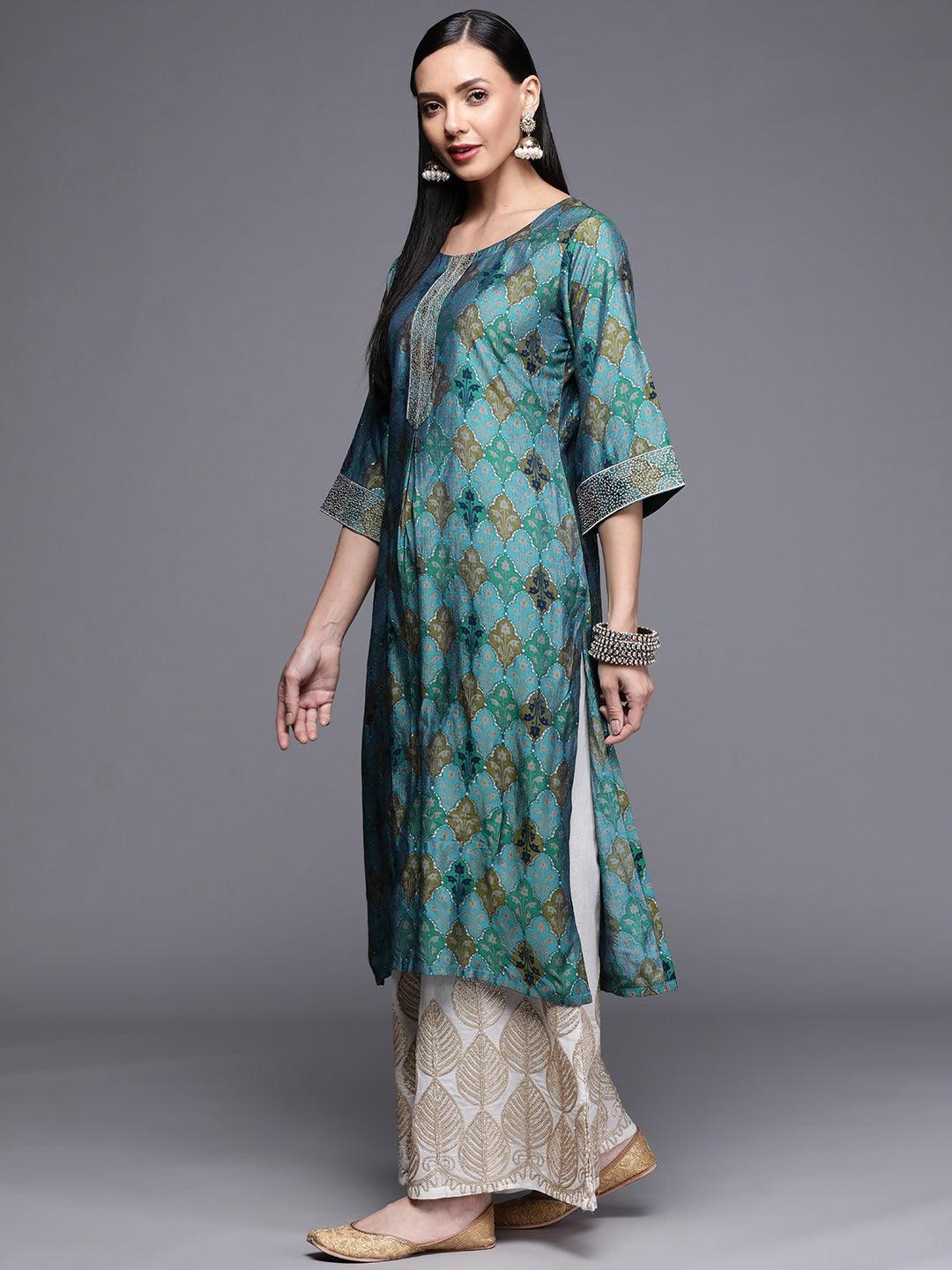 Blue Printed Chanderi Silk Kurta - ShopLibas