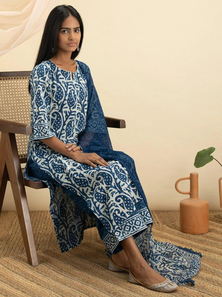 Indigo Printed Cotton Suit Set