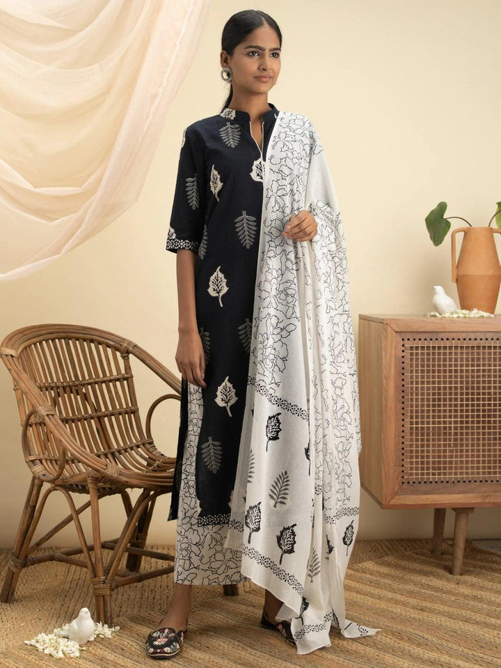 Black Printed Cotton Suit Set