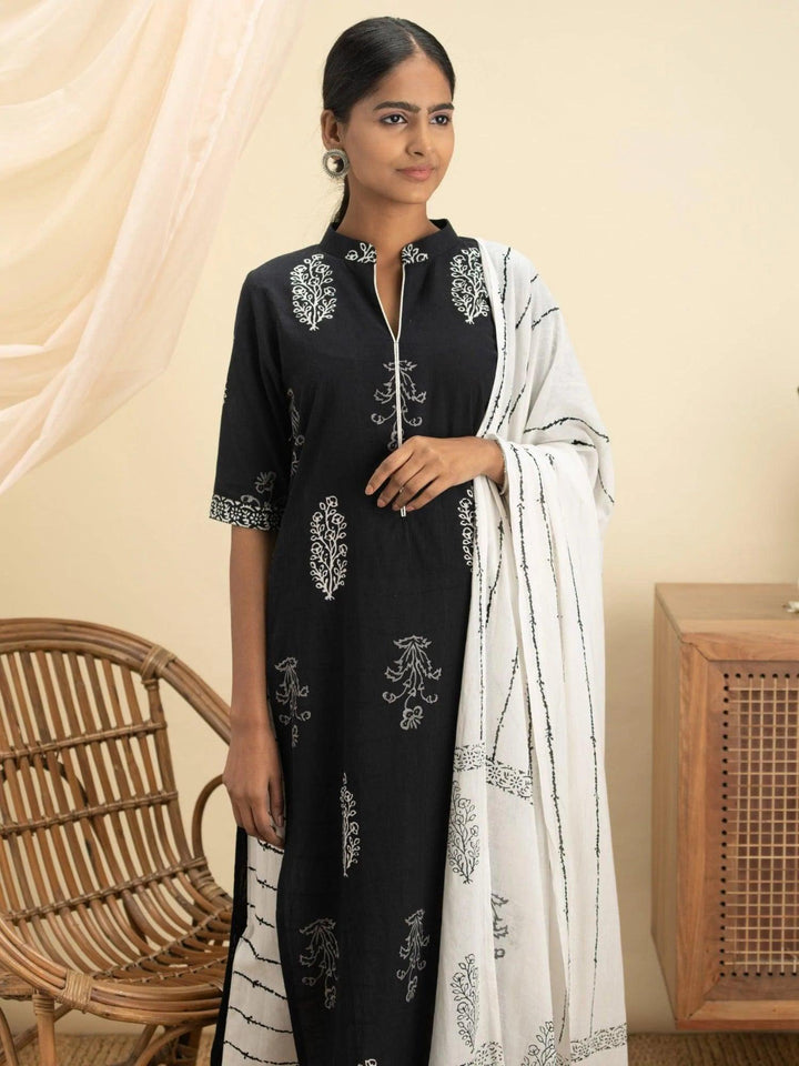 Black Printed Cotton Suit Set