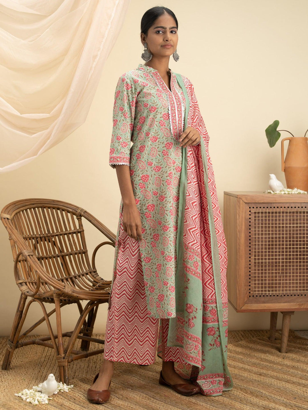 Green Printed Cotton Suit Set - ShopLibas