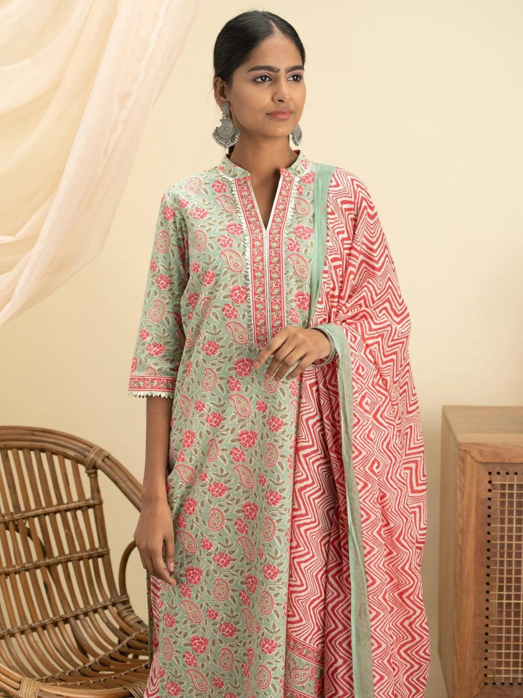 Green Printed Cotton Suit Set - ShopLibas