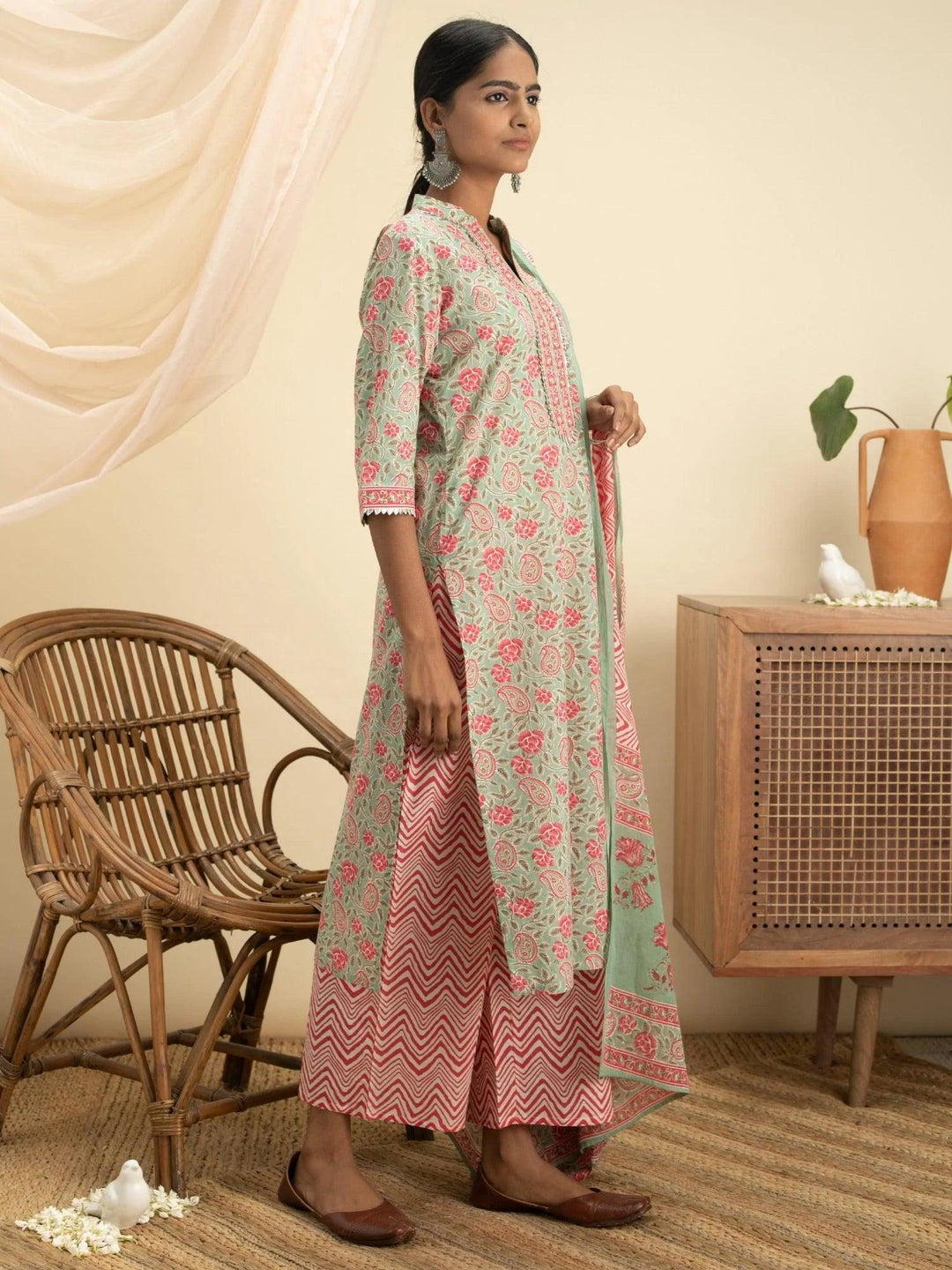 Green Printed Cotton Suit Set - ShopLibas