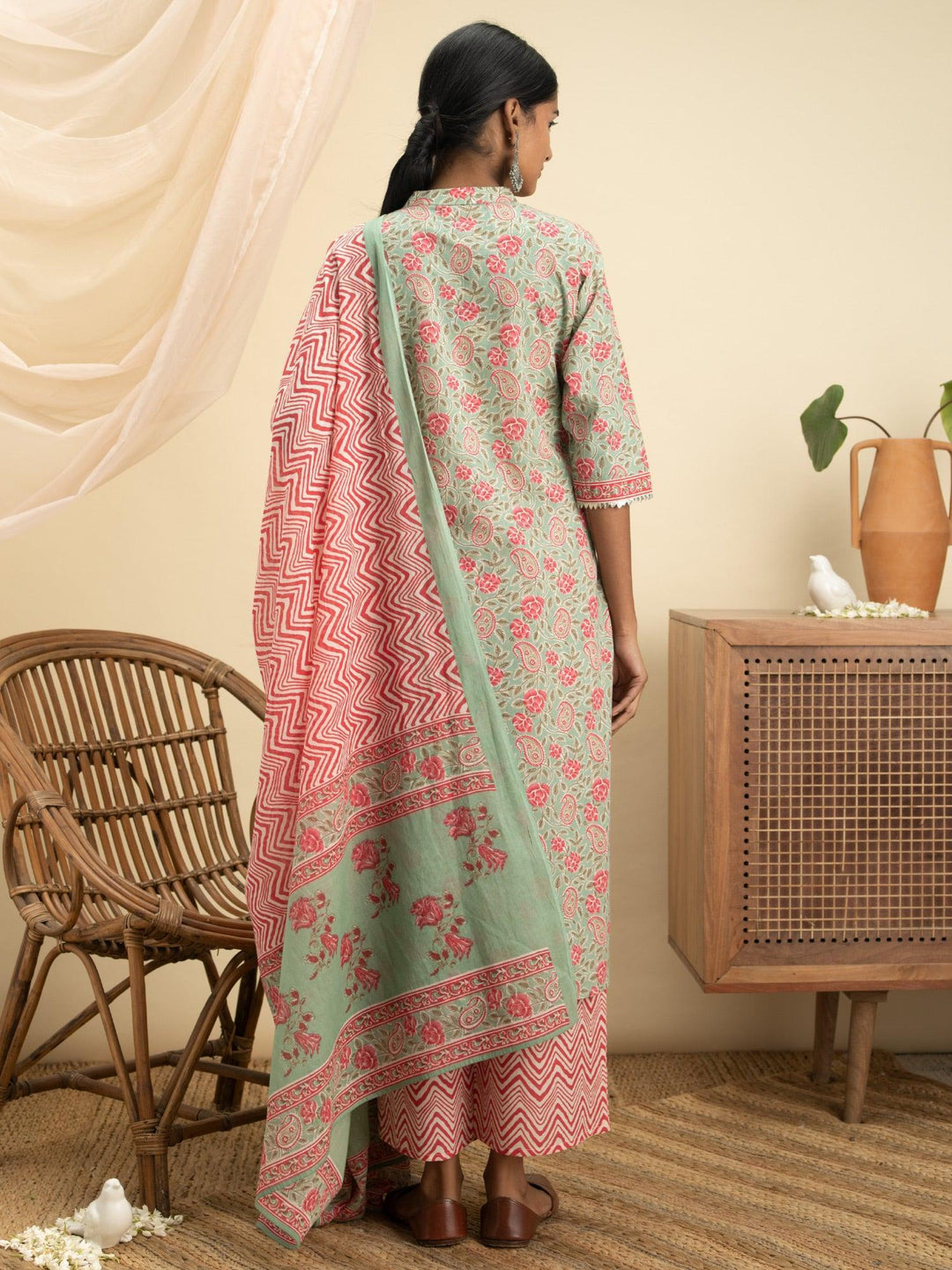 Green Printed Cotton Suit Set - ShopLibas