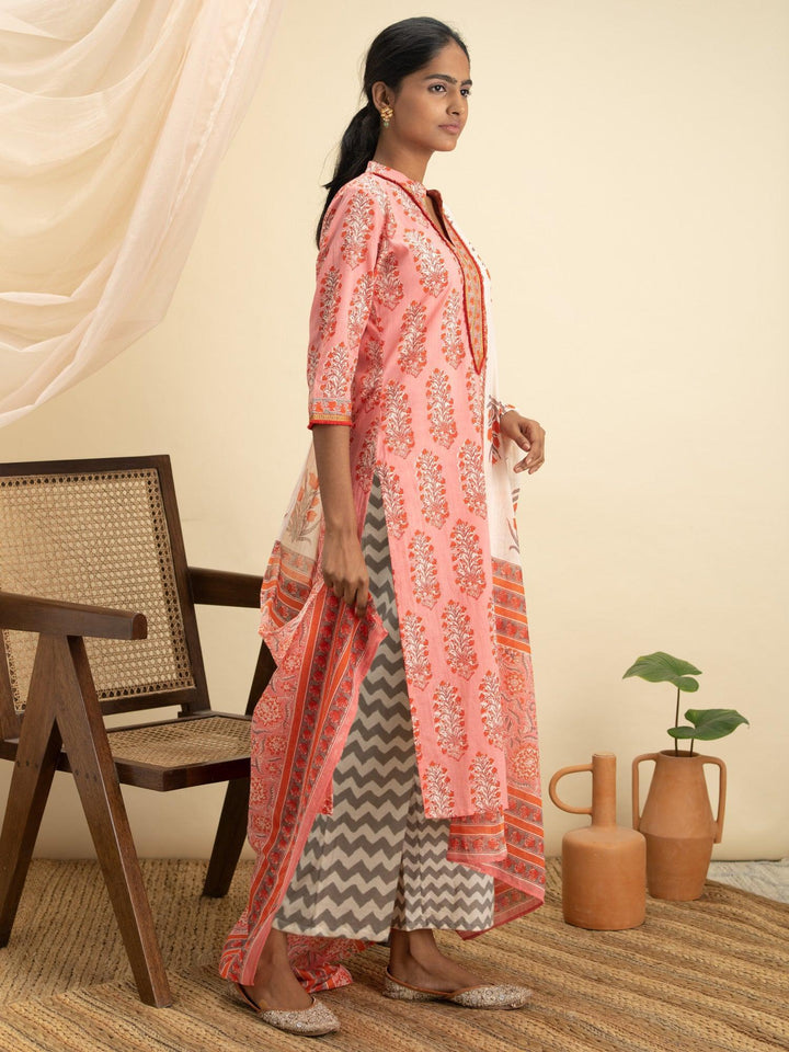 Pink Printed Cotton Suit Set