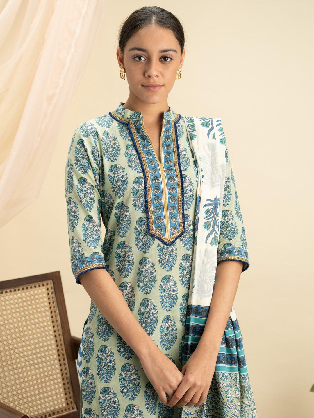 Blue Printed Cotton Suit Set - ShopLibas