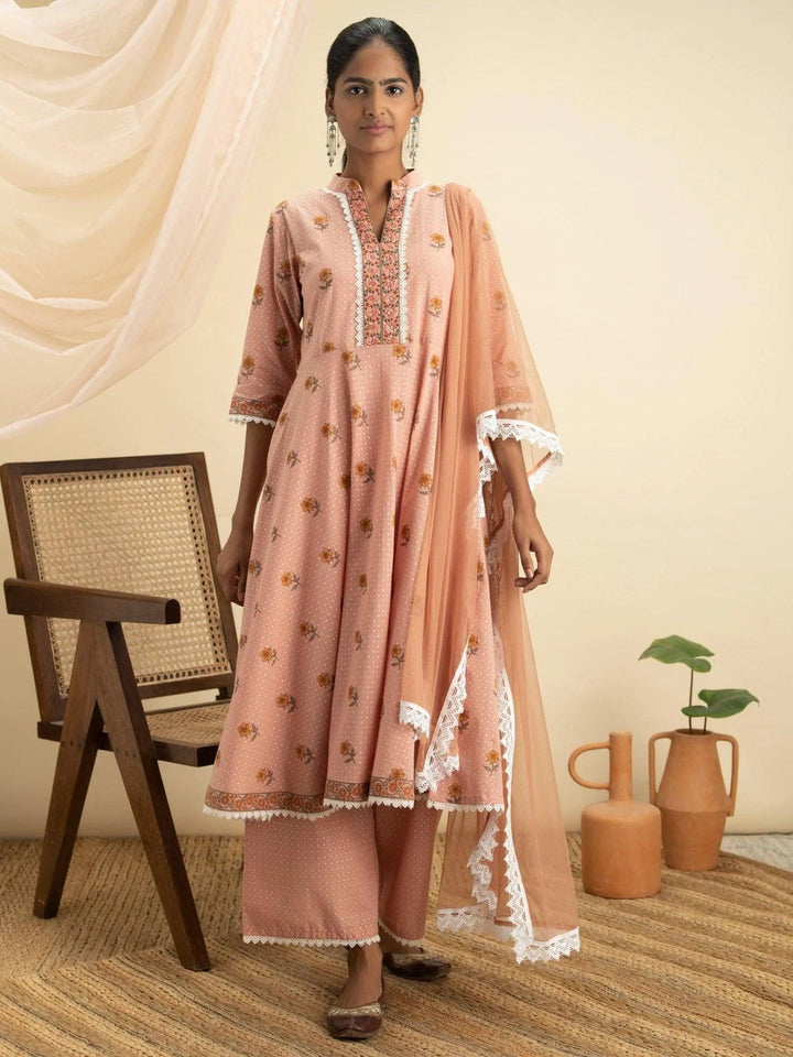 Peach Printed Cotton Suit Set