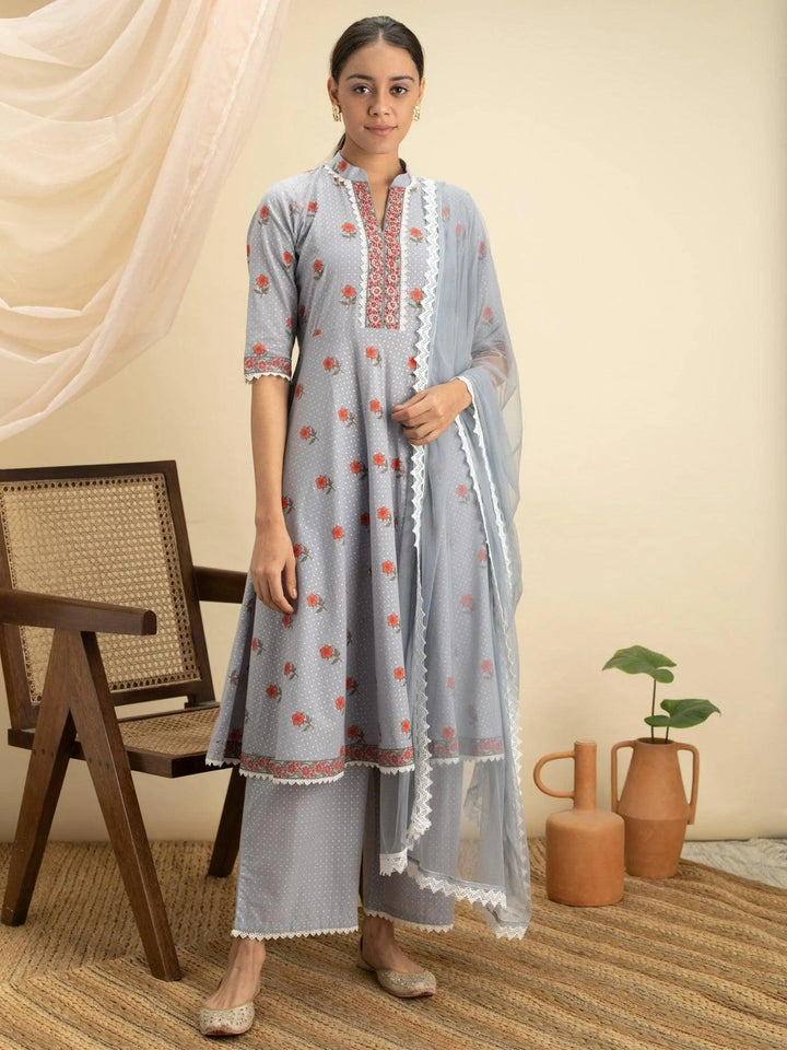 Grey Printed Cotton Suit Set