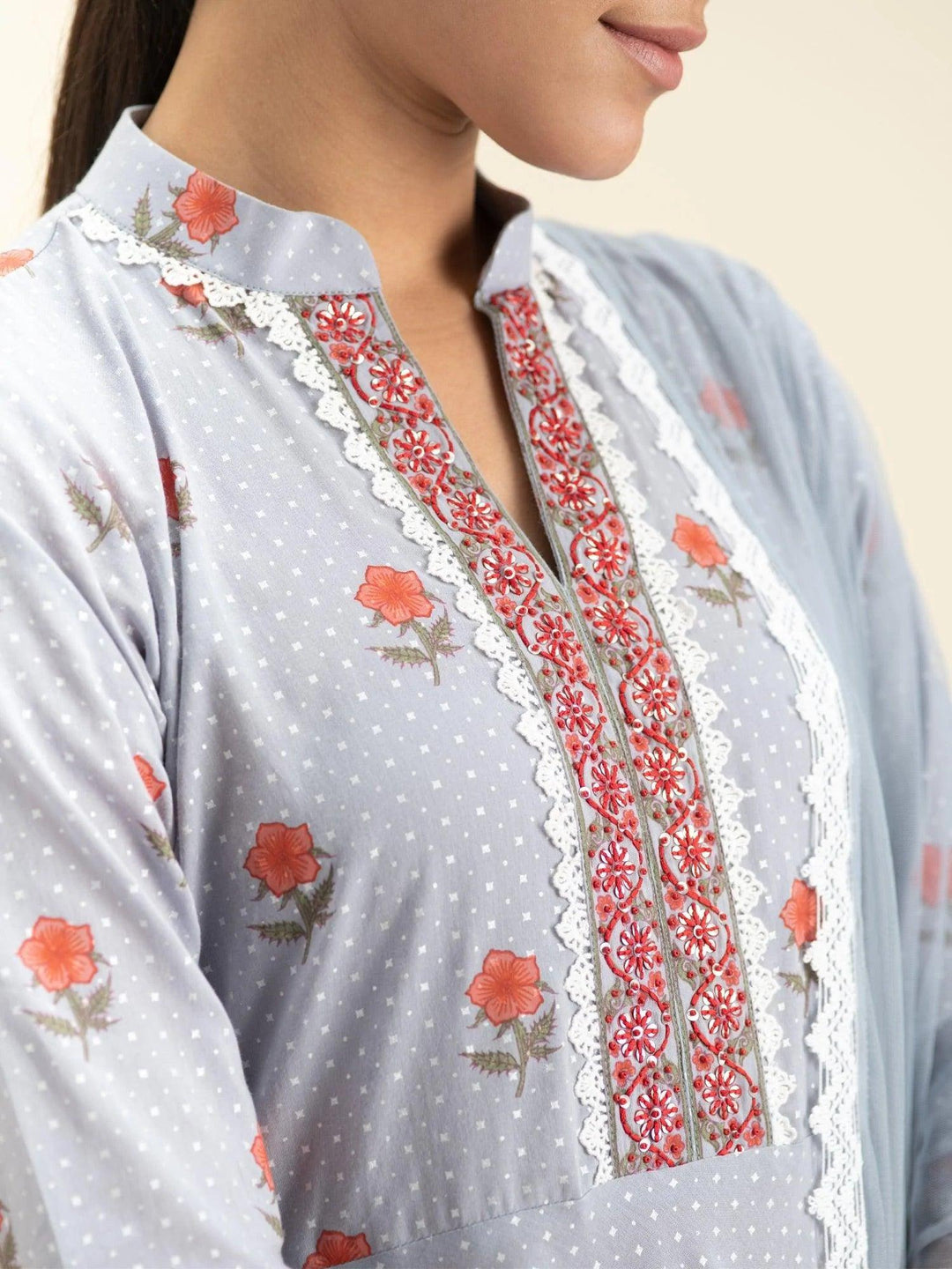 Grey Printed Cotton Suit Set - ShopLibas