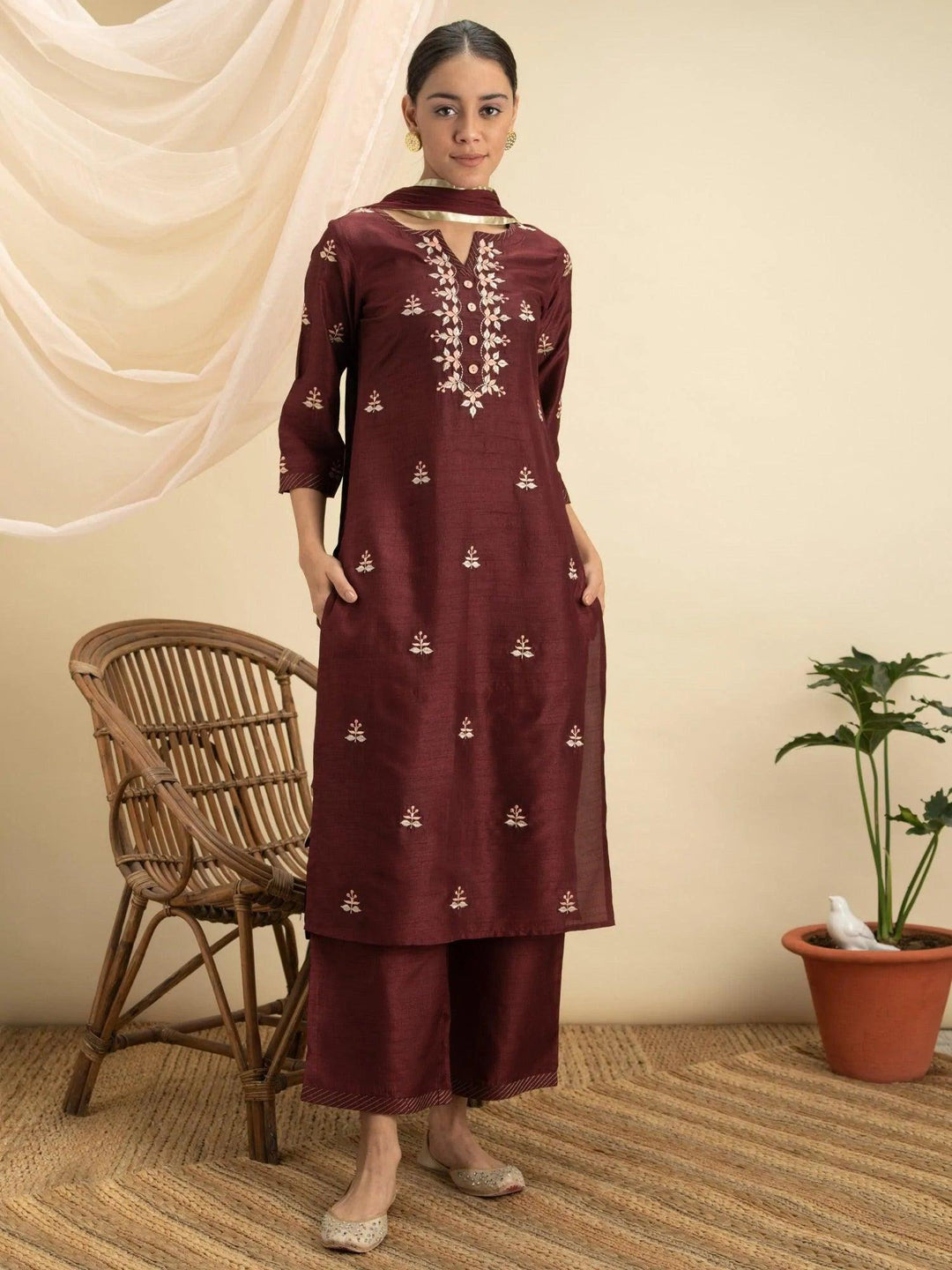 Maroon Embroidered Silk Suit Set - ShopLibas