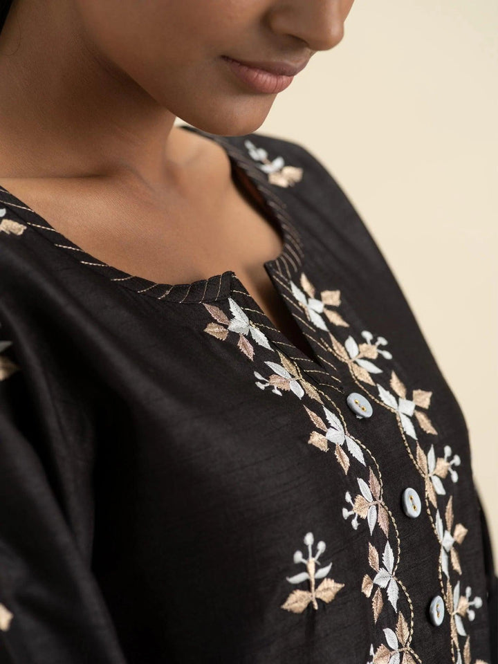 Black Embroidered Silk Suit Set