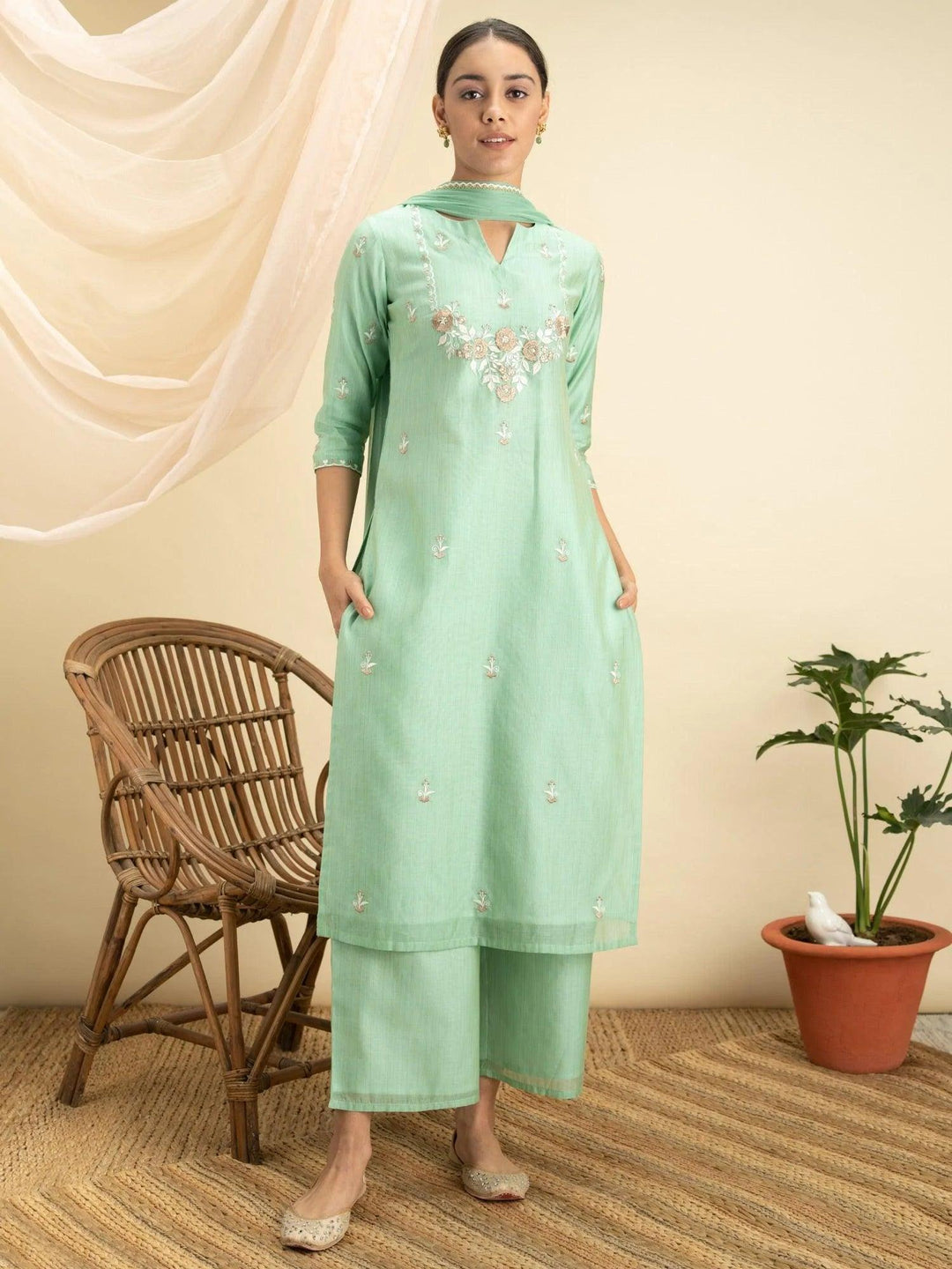 Green Embroidered Silk Suit Set - ShopLibas