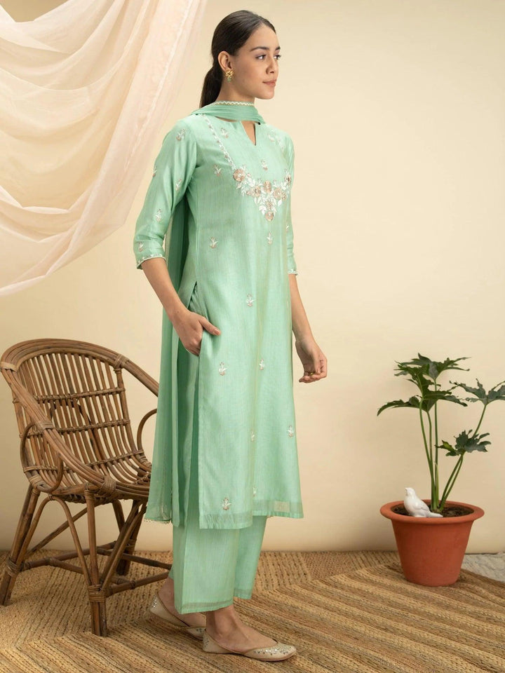 Green Embroidered Silk Suit Set